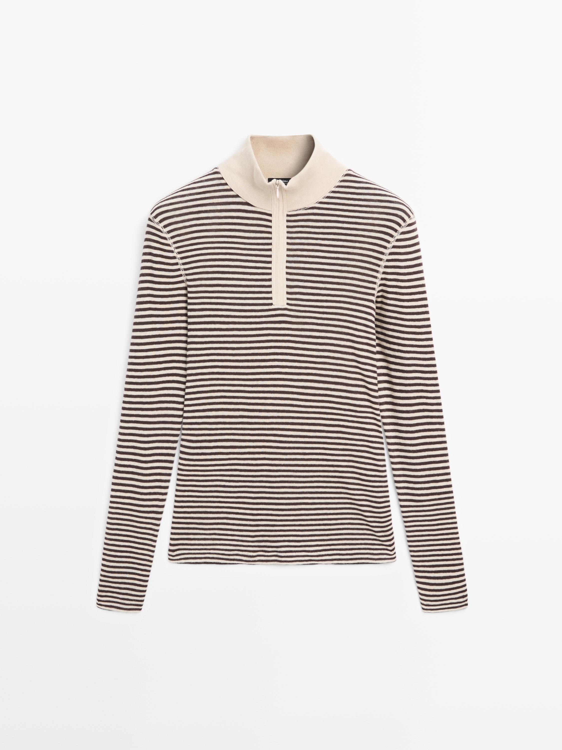 Striped fine knit quarter-zip sweater